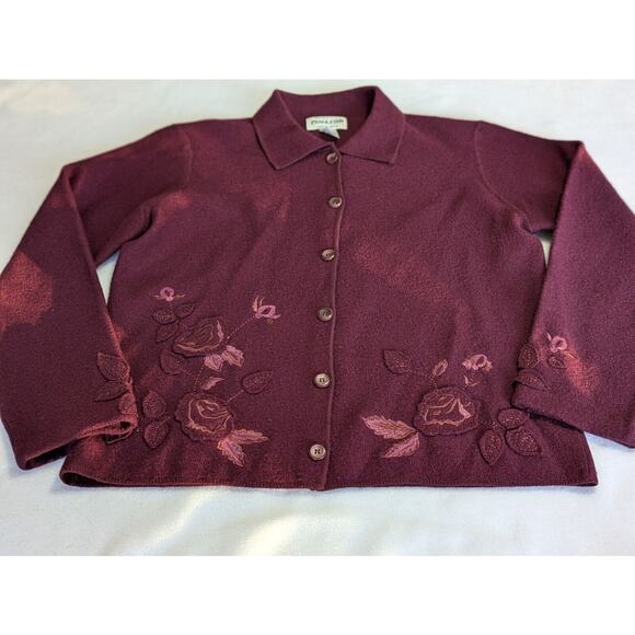 Pendleton Cardigan Sweater‎ Burgundy Embroidered Applique Medium Grandma Floral - Picture 1 of 9